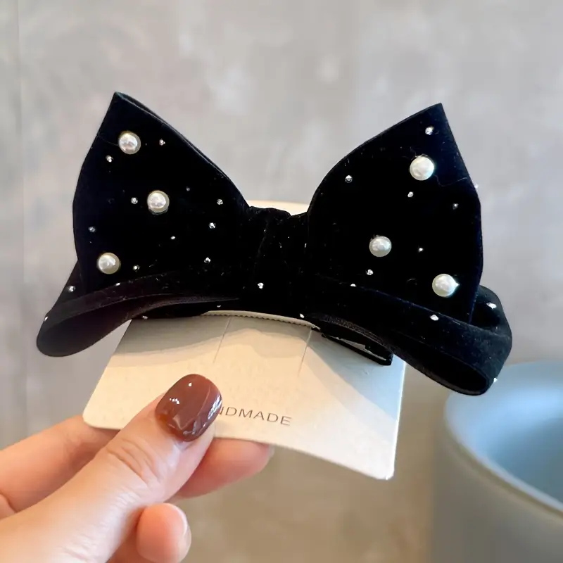 Velvet Bow Design Alligator Hair Clip with Pearl (1pcs) - Image 3